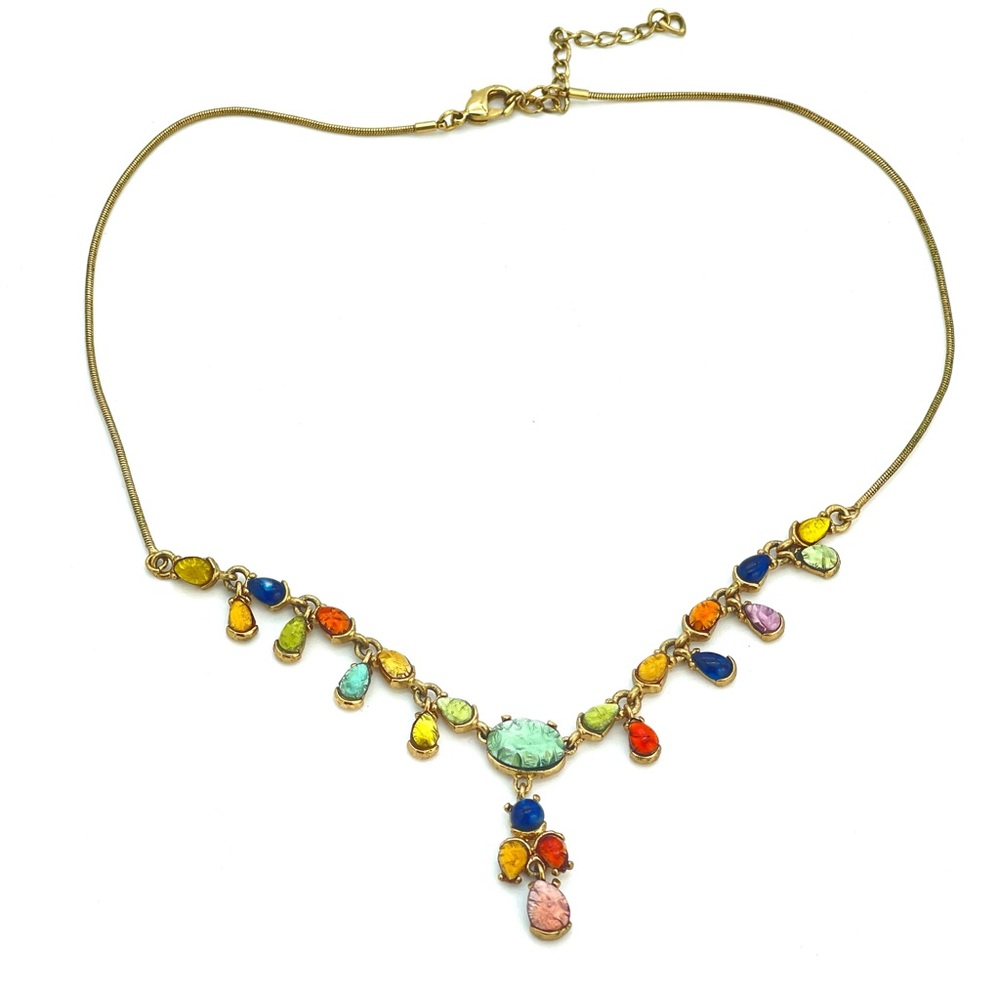 Beautiful Multi-Color Foiled Stone Dangle Y Necklace on a gold-tone snake chain